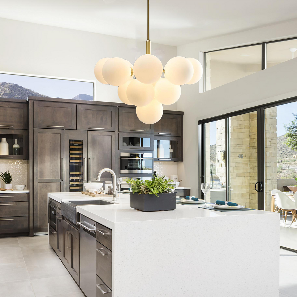Gold bubble chandelier in modern kitchen
