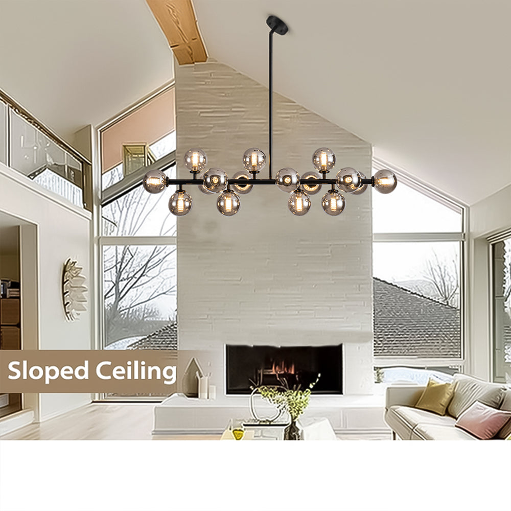 Black Chandelier Suitable for Sloped Ceilings, Smoke Gray Globes