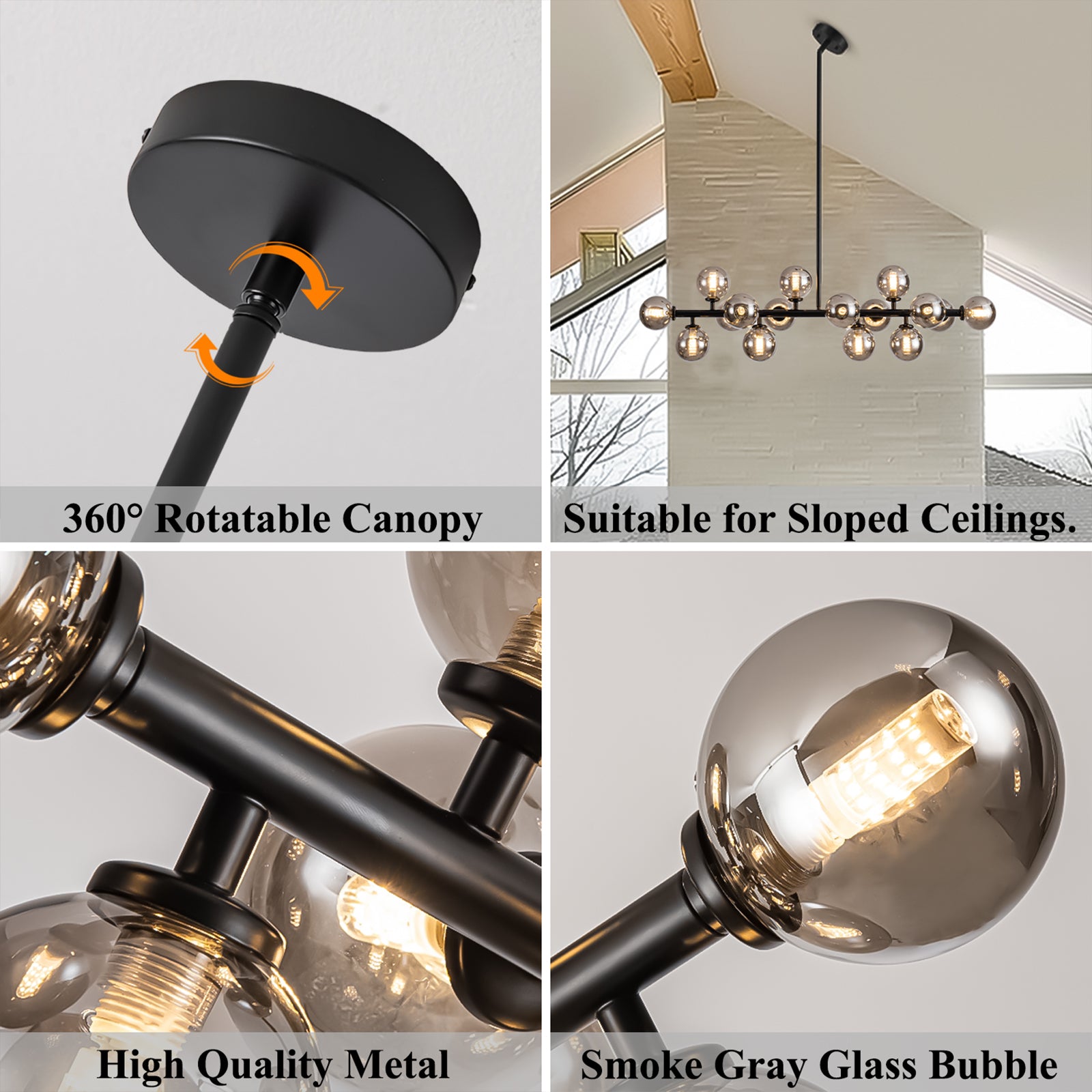 Black Chandelier with 360° Rotatable Canopy & Smoke Gray Glass