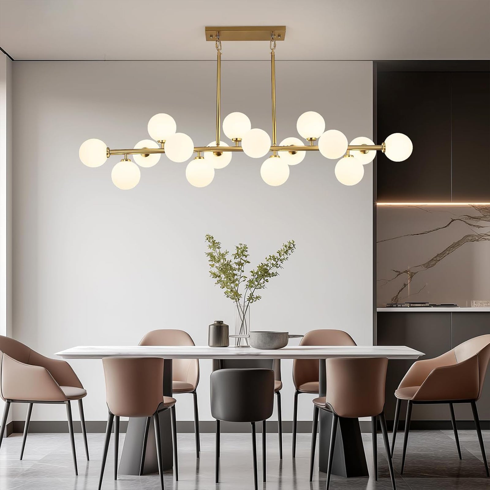 Mid Century Modern 16-Light Gold Linear Chandelier for Dining Room