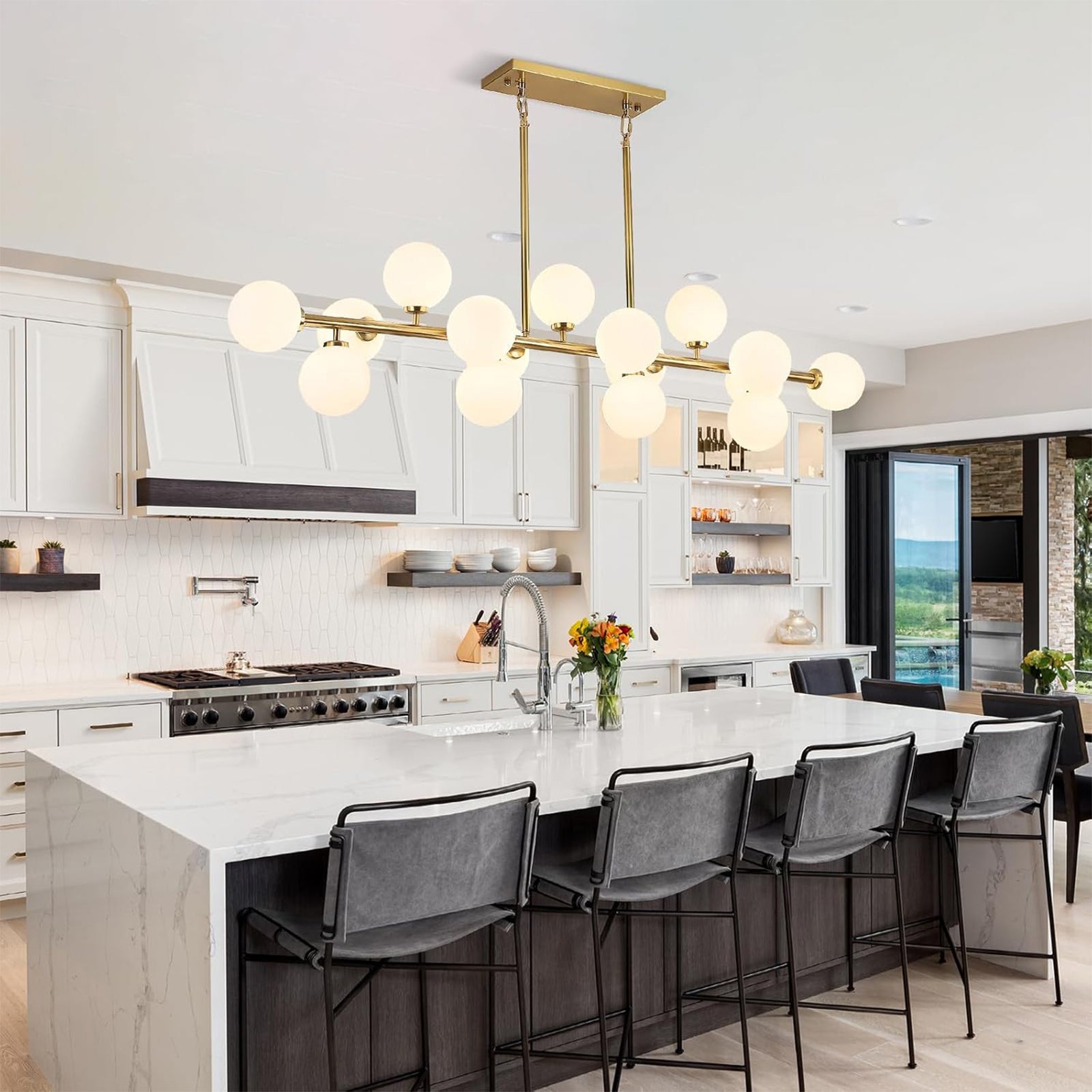 Brushed Gold Linear Chandelier for Modern Kitchen Island