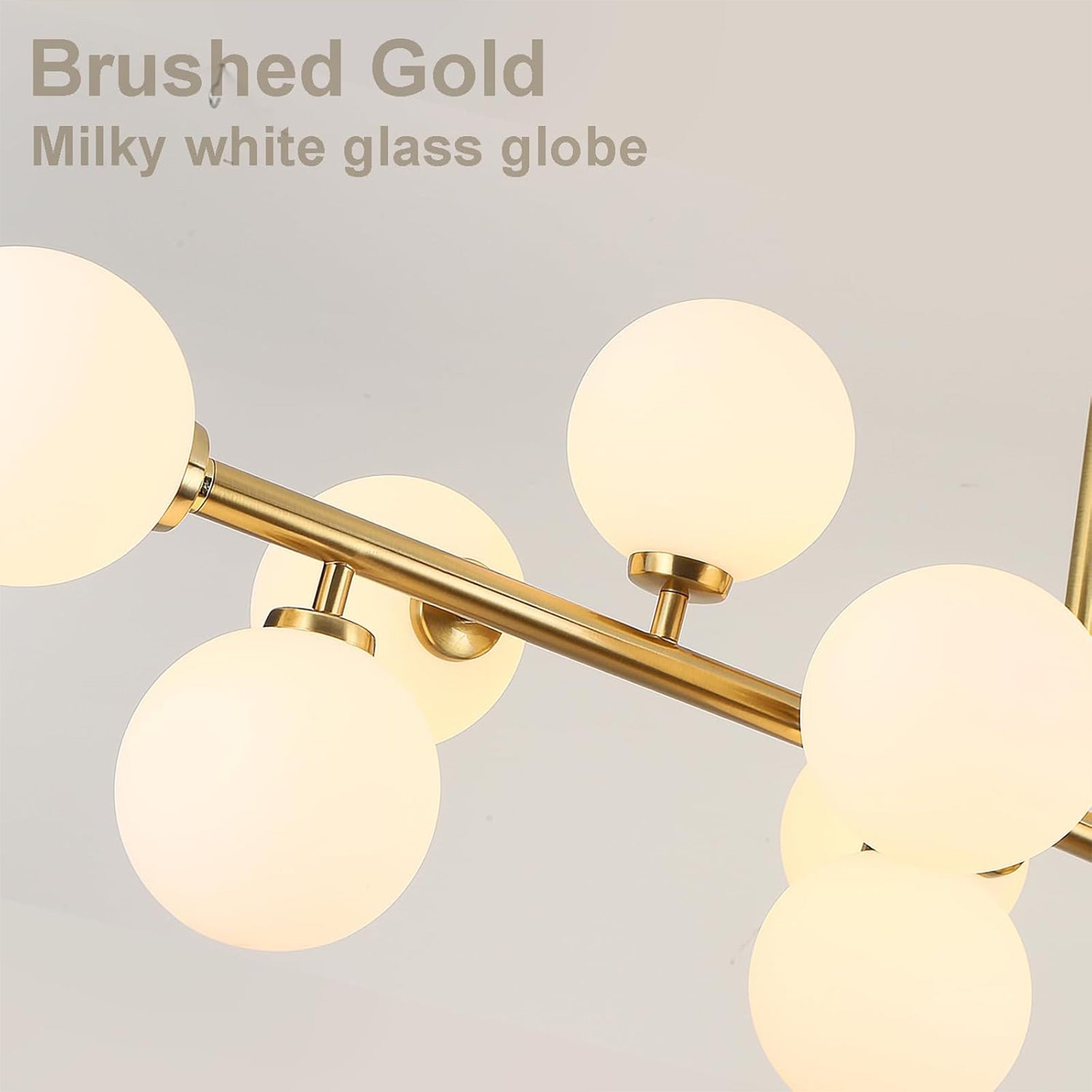 Brushed Gold Frame & Milky White Glass Globe Chandelier Detail