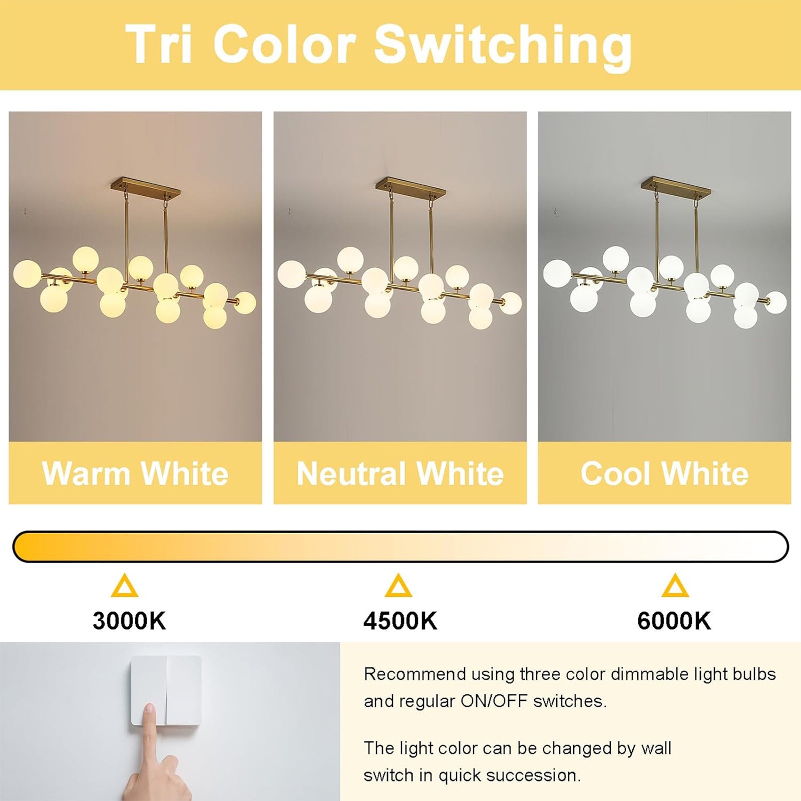 Tri-Color Dimmable 3000K/4500K/6000K Linear Chandelier