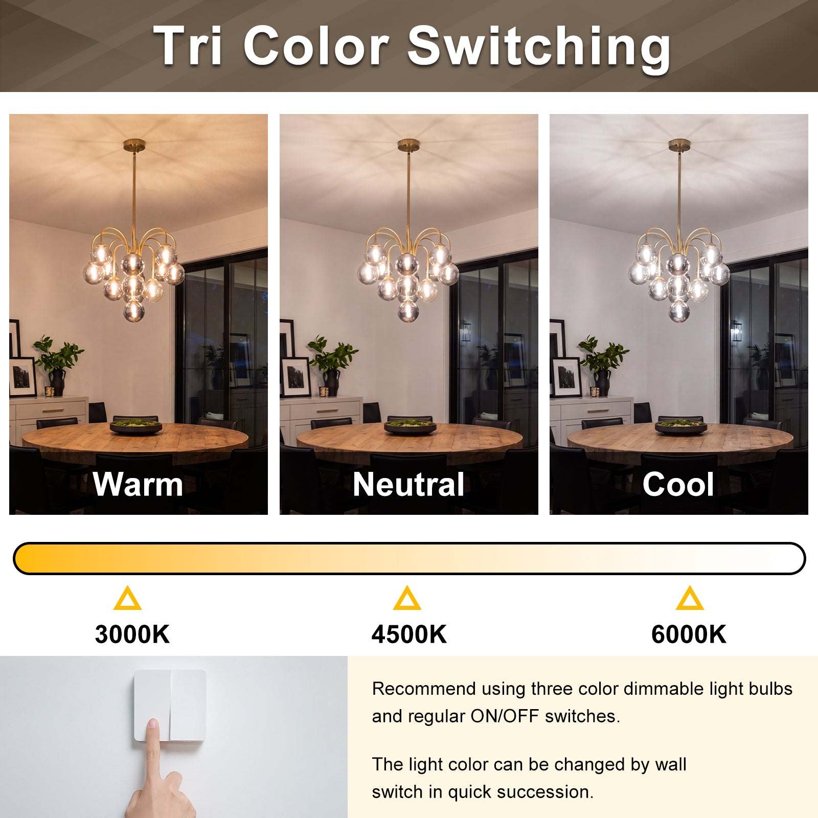 Tri color switching display warm neutral cool smoke glass globe gold chandelier wall switch control