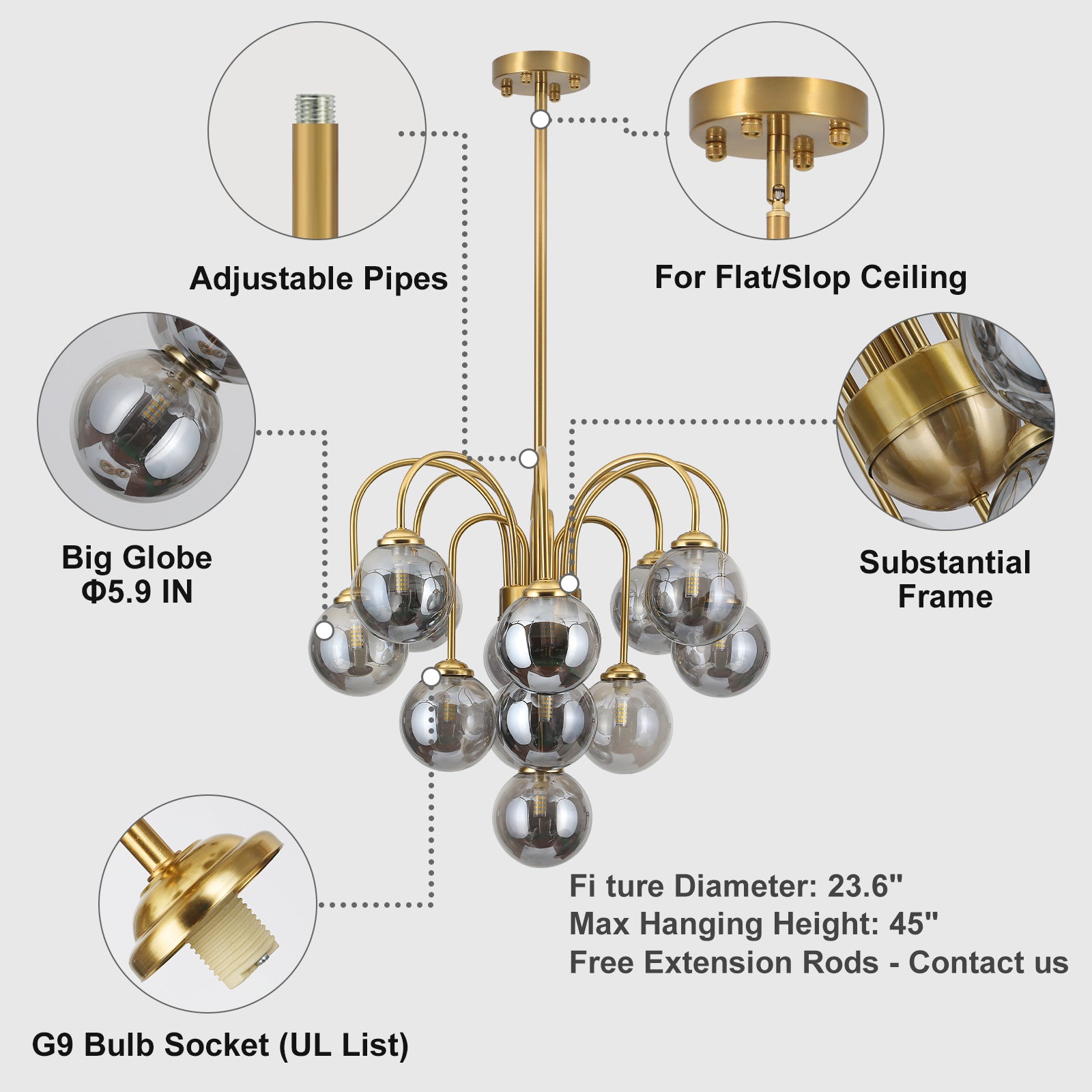 Structural feature diagram adjustable rod sloped ceiling fit big smoke glass globe gold chandelier G9 UL socket
