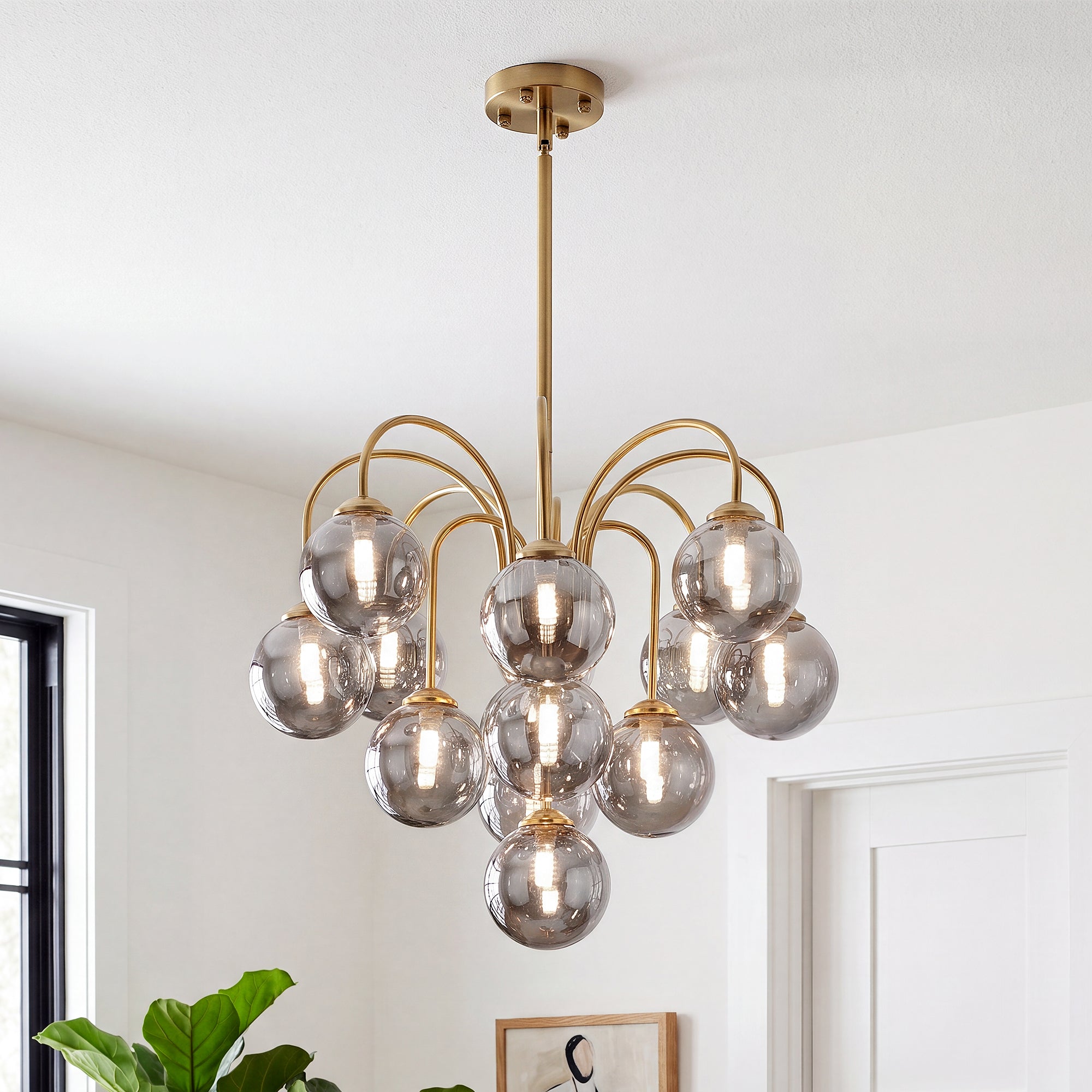 Curved gold frame multi smoke glass globe mid century modern bubble chandelier front view