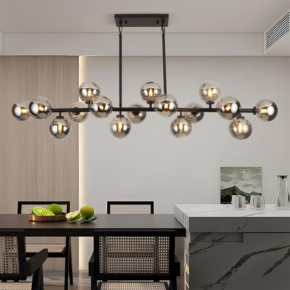 16-Light Black Linear Chandelier with Smoke Gray Glass Globes