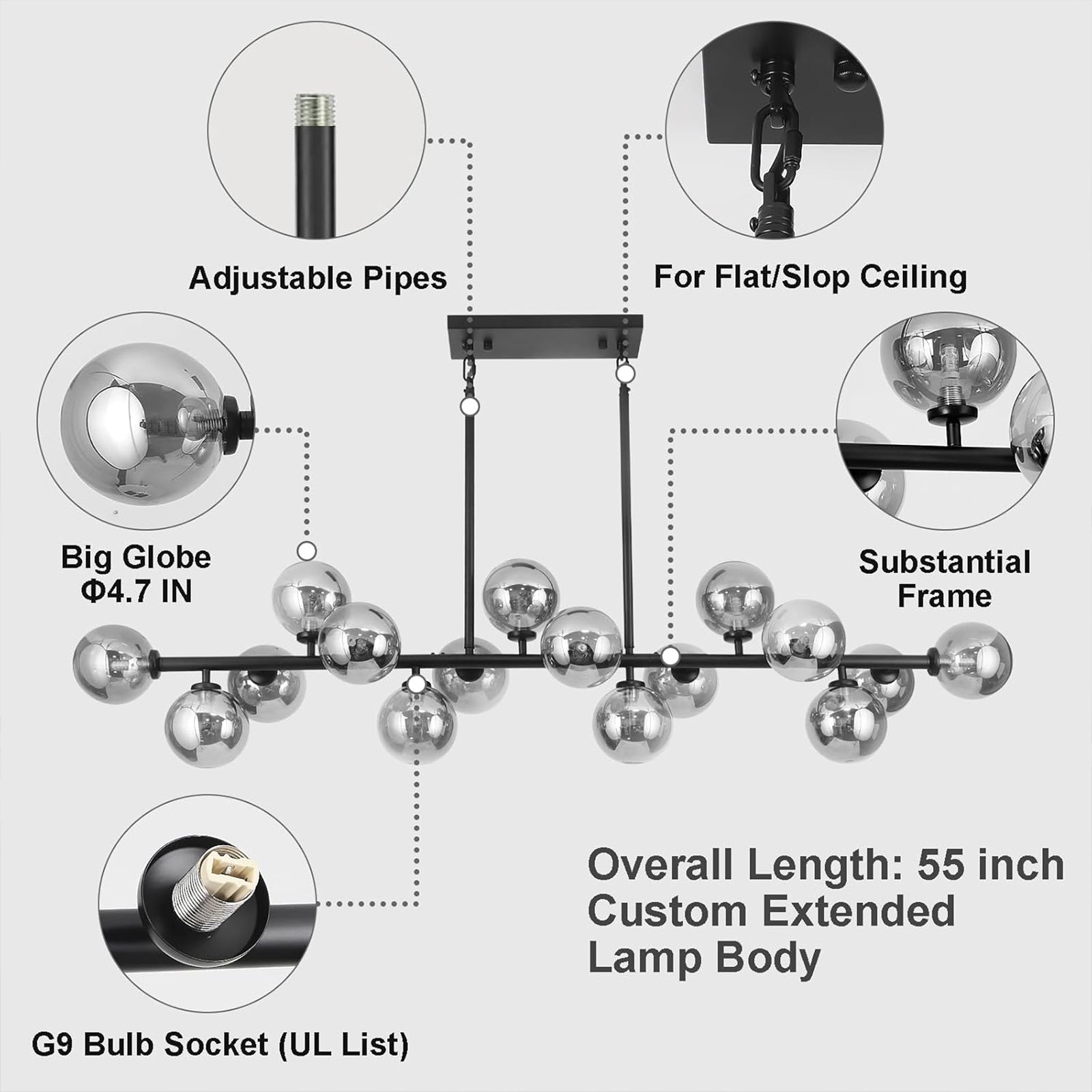55in Black Chandelier with Adjustable Pipes & G9 Socket