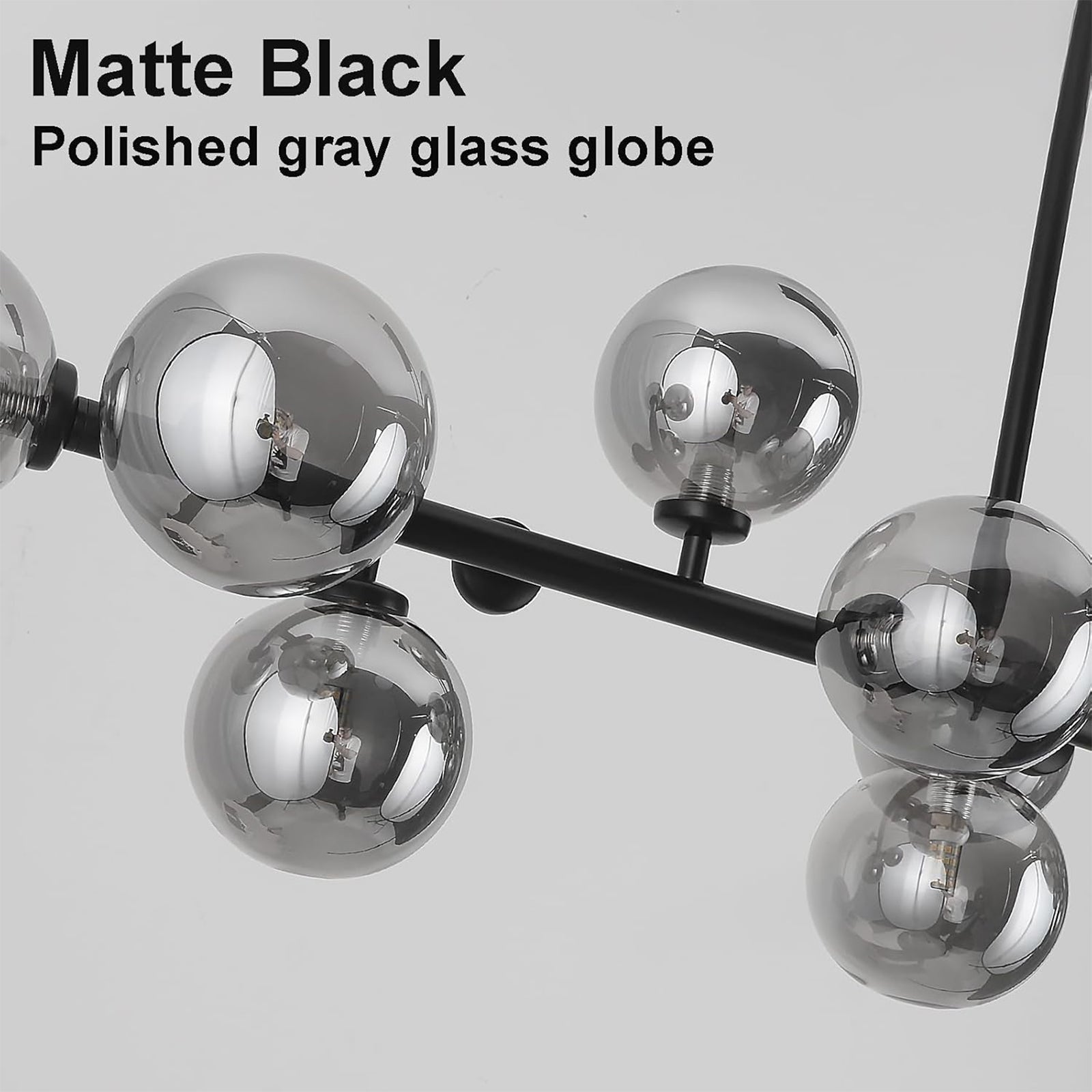 Matte Black Frame & Smoke Gray Glass Globe Chandelier Detail