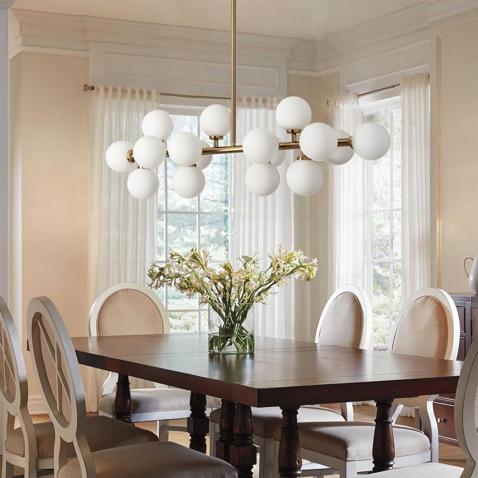 Modern Gold Linear Chandelier with White Milk Glass Globes