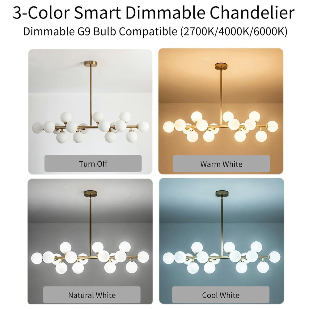 3-Color Dimmable Gold Linear Chandelier with White Glass Shades