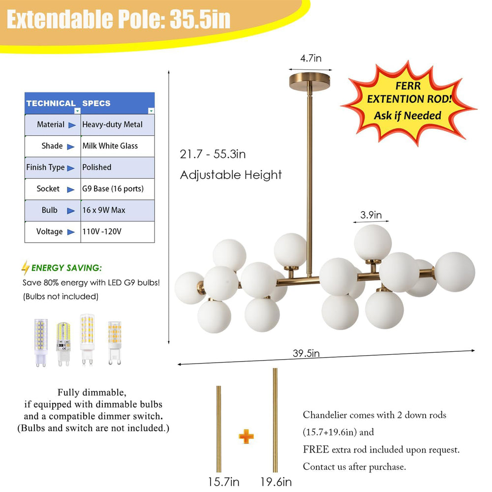 16-Light Gold Chandelier Specs, Adjustable Height 21.7-55.3in