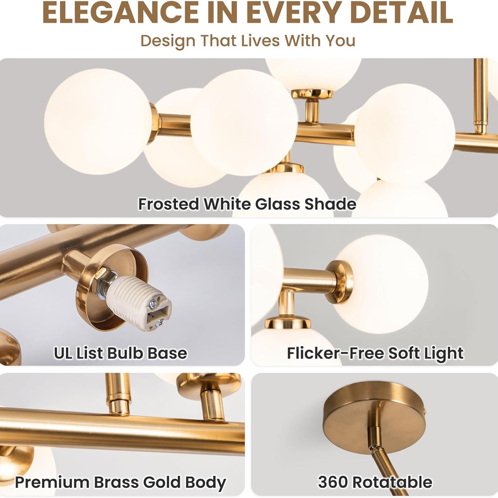 Premium Gold Chandelier with UL Listed G9 Socket & White Shades