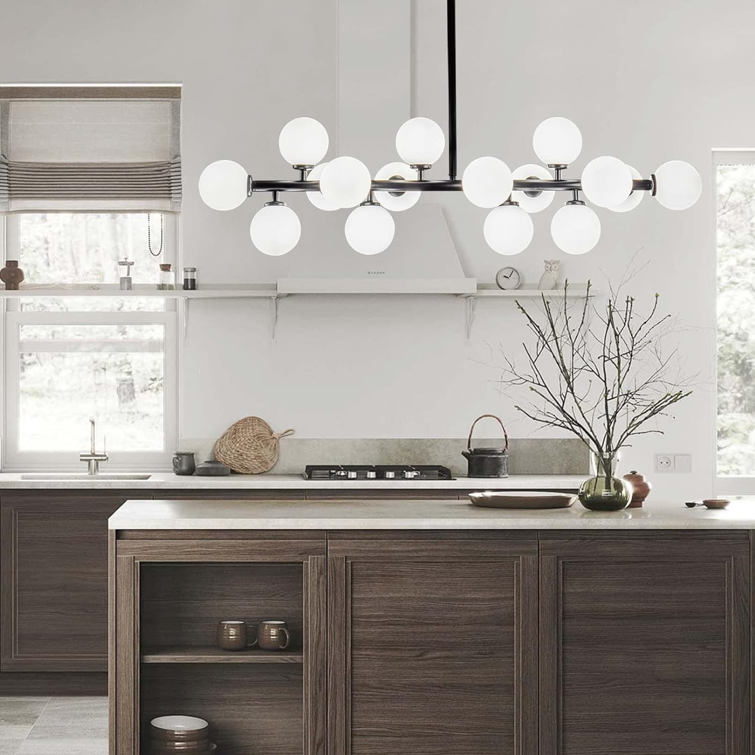 Mid Century Modern 16-Light Black Chandelier with White Globes