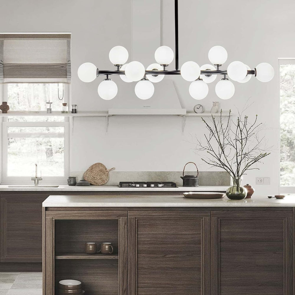 Mid Century Modern 16-Light Black Chandelier with White Globes