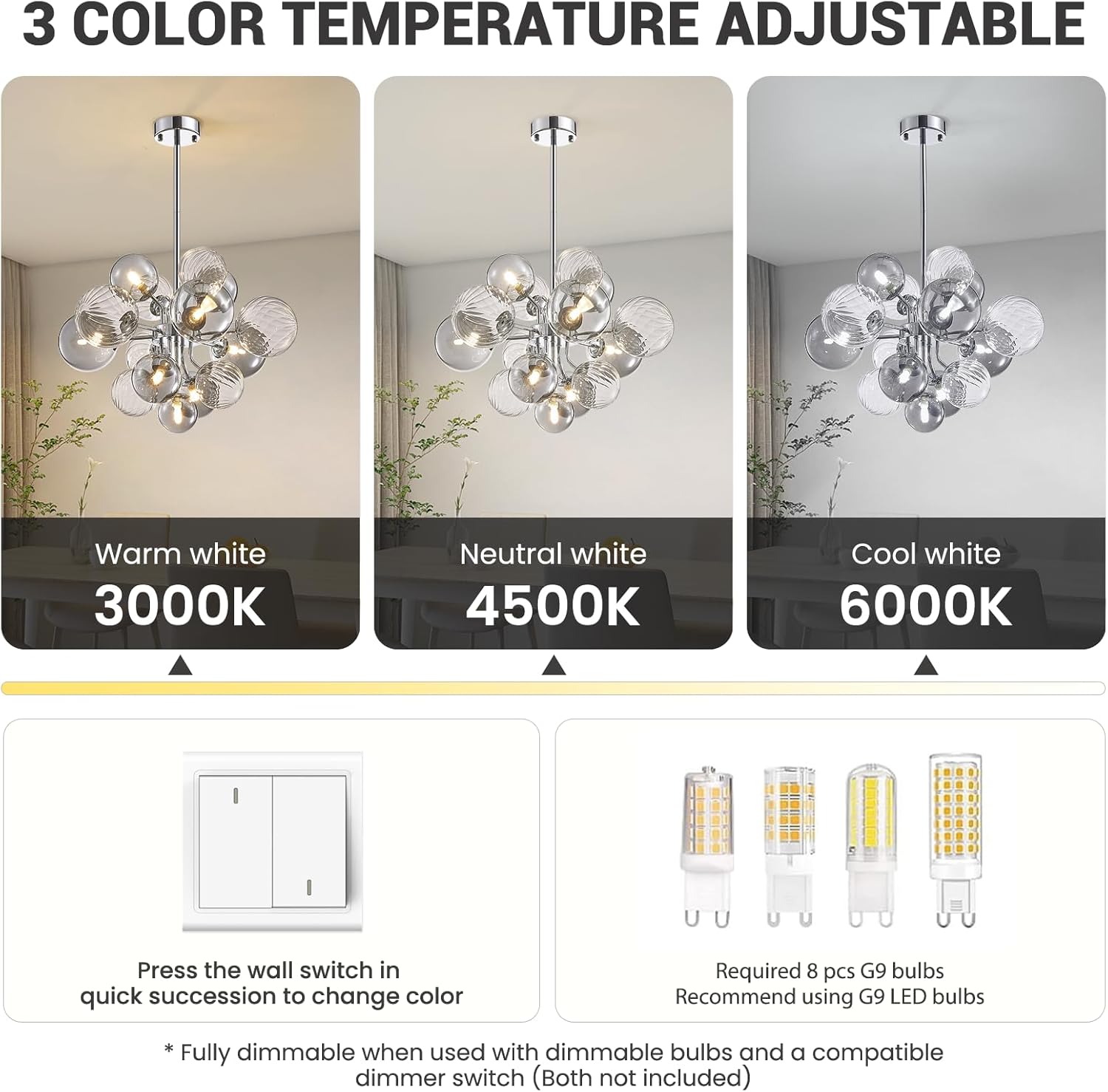 3-color temperature adjustable glass chandelier