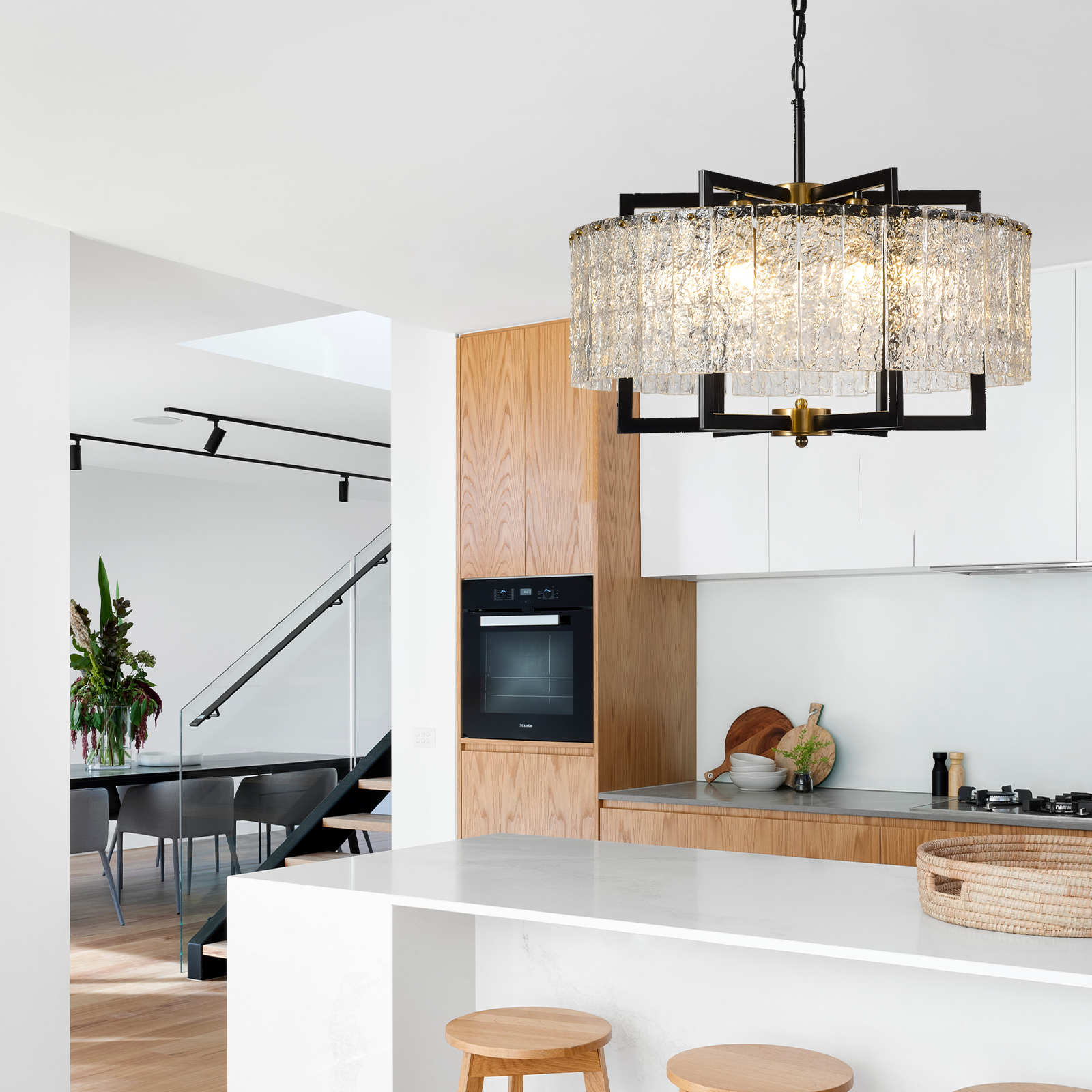 Modern Black Glass Chandelier in Kitchen