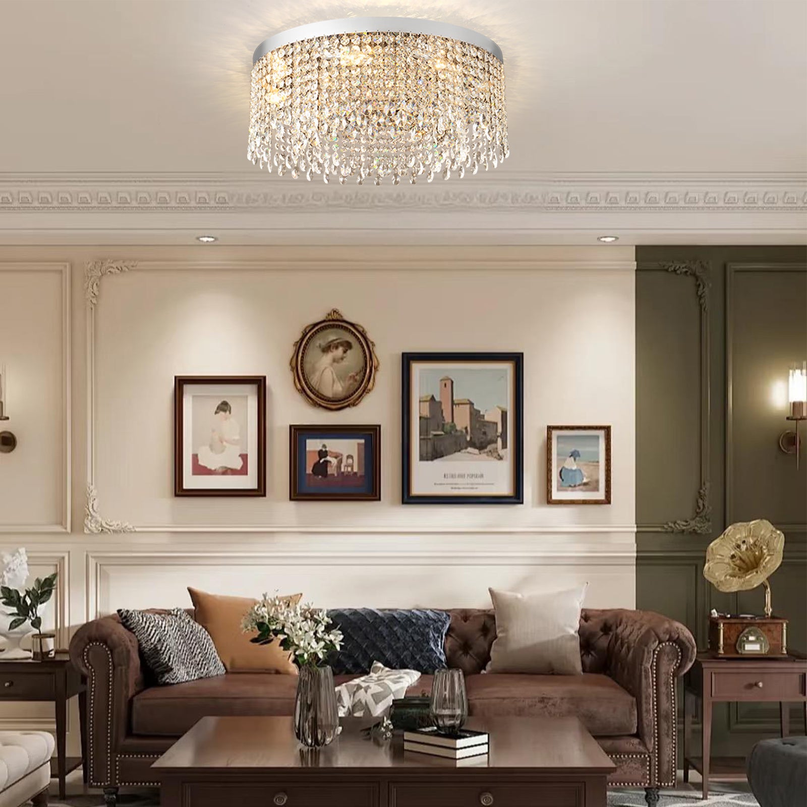 Silver Round Crystal Flush Mount Chandelier for Living Room