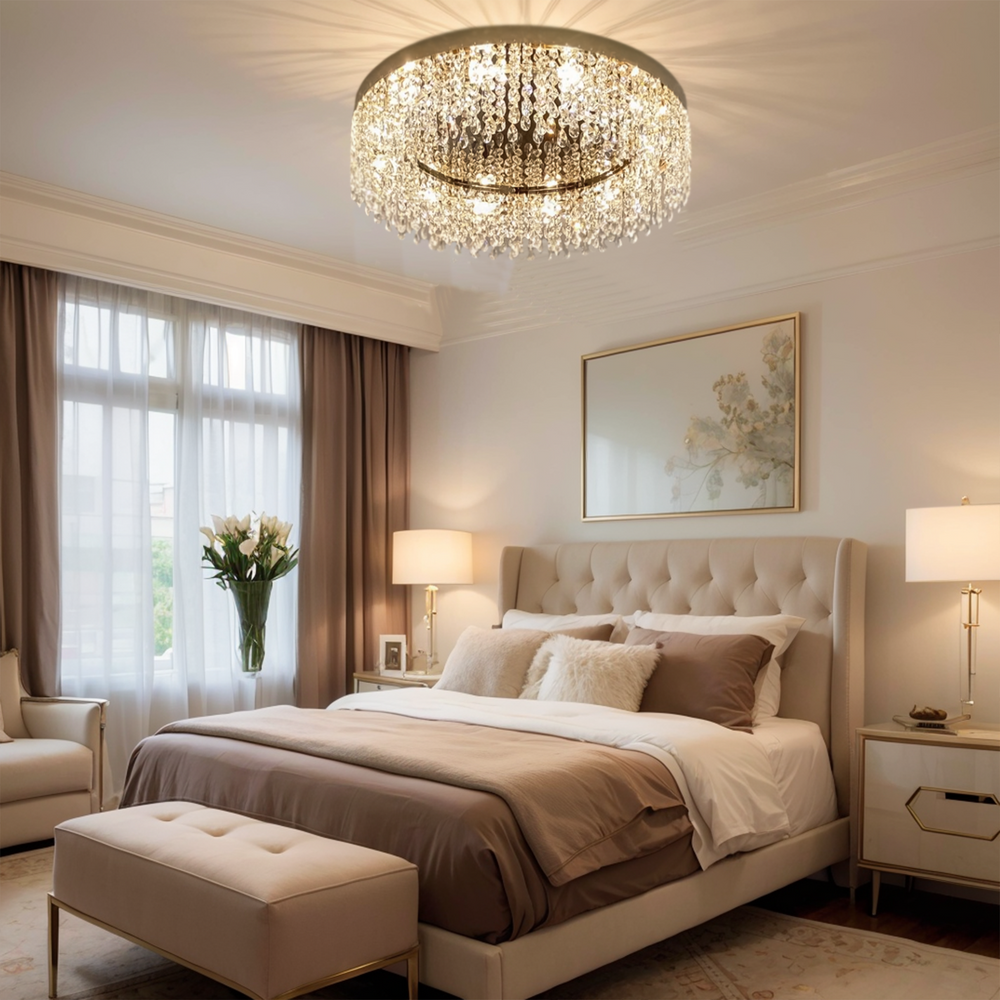 Modern Gold Round Crystal Flush Mount Ceiling Light for Bedroom