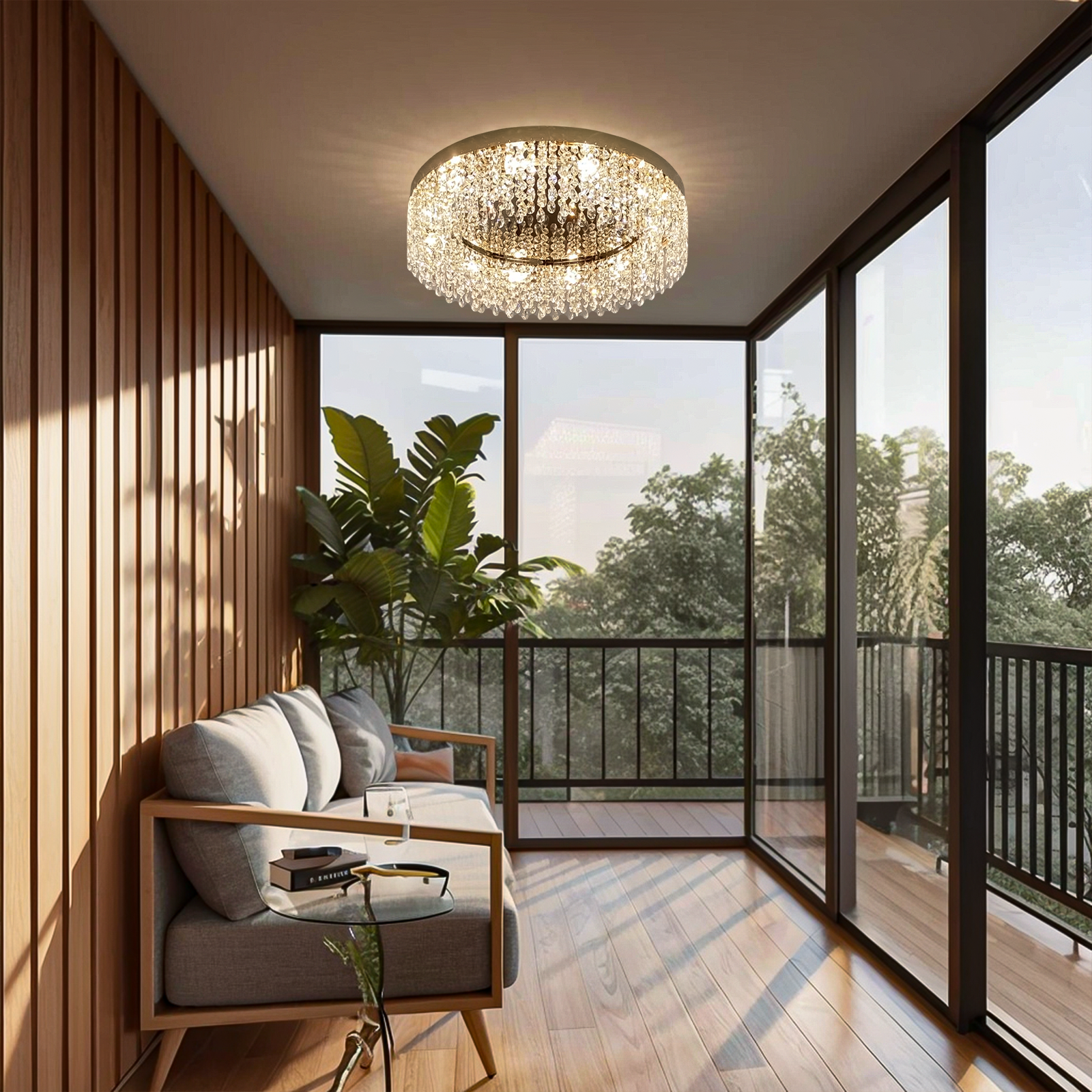 Gold Crystal Ceiling Light Fixture for Modern Sunroom