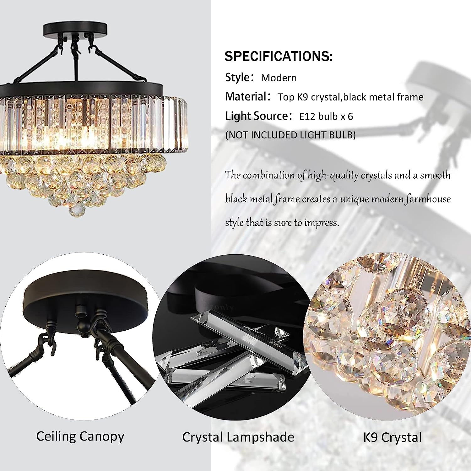 Close-up of K9 crystal drops on black modern chandelier, clear faceted glass