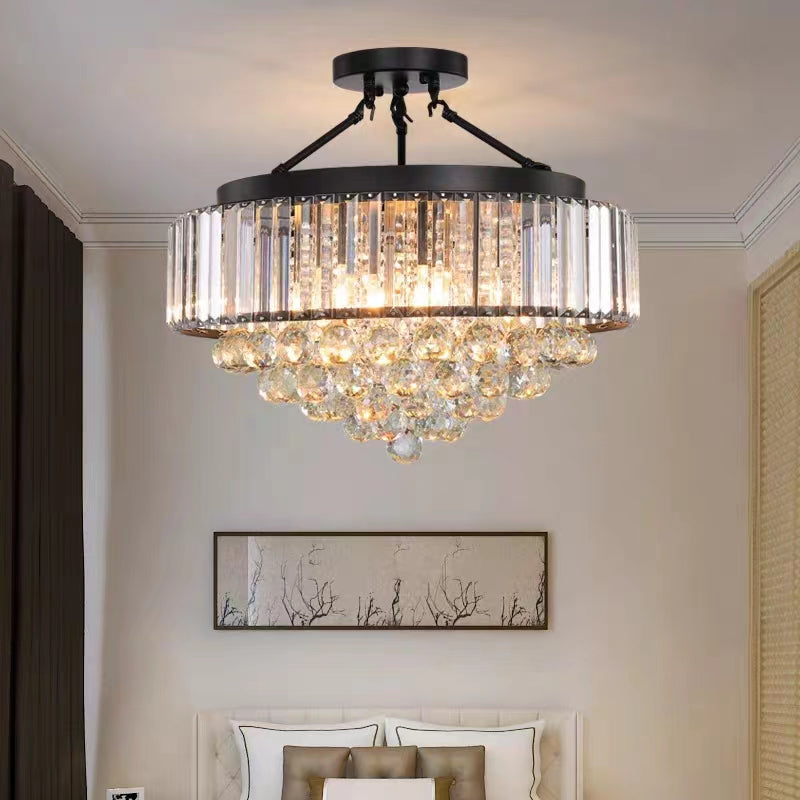 Black K9 crystal chandelier with farmhouse industrial style, matte black finish