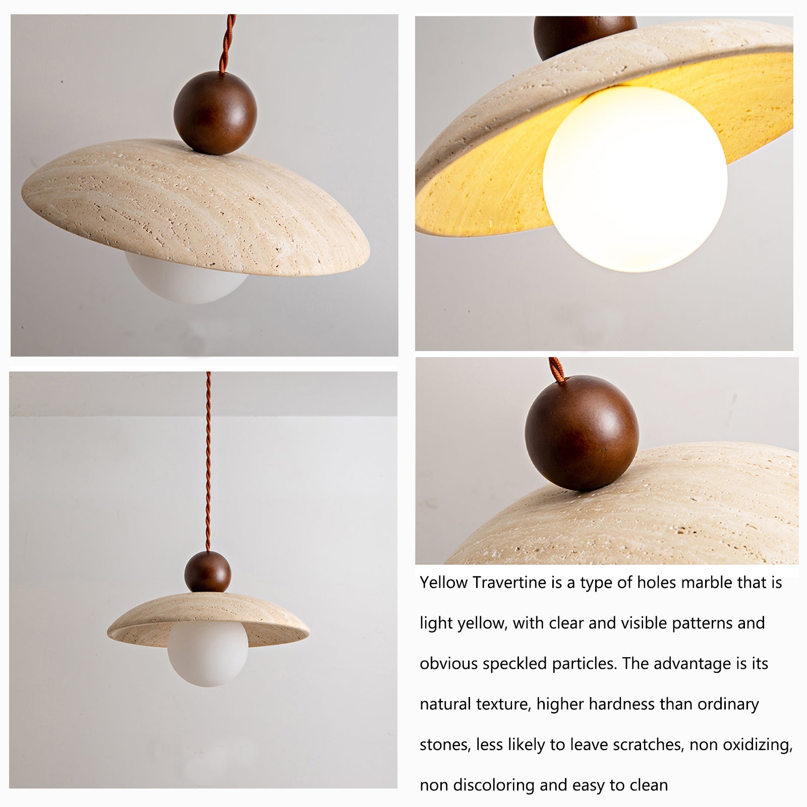 Close-up details of yellow travertine material and wooden accent