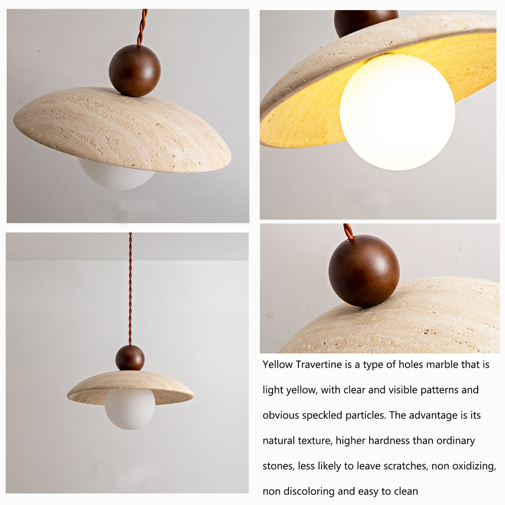 Close-up details of yellow travertine material and wooden accent