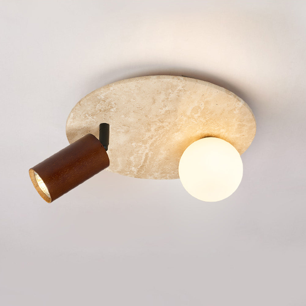Close-up: travertine ceiling light with wood & glass