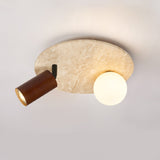 Close-up: travertine ceiling light with wood & glass
