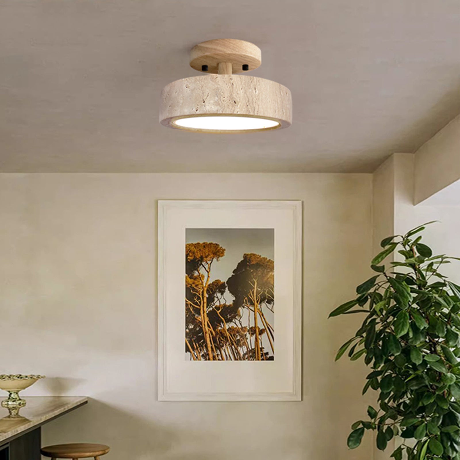 Natural Yellow Travertine LED Ceiling Light with Wood Base, Wabi-Sabi Flush Mount Light, 2 Wood Finishes (Natural/Walnut)