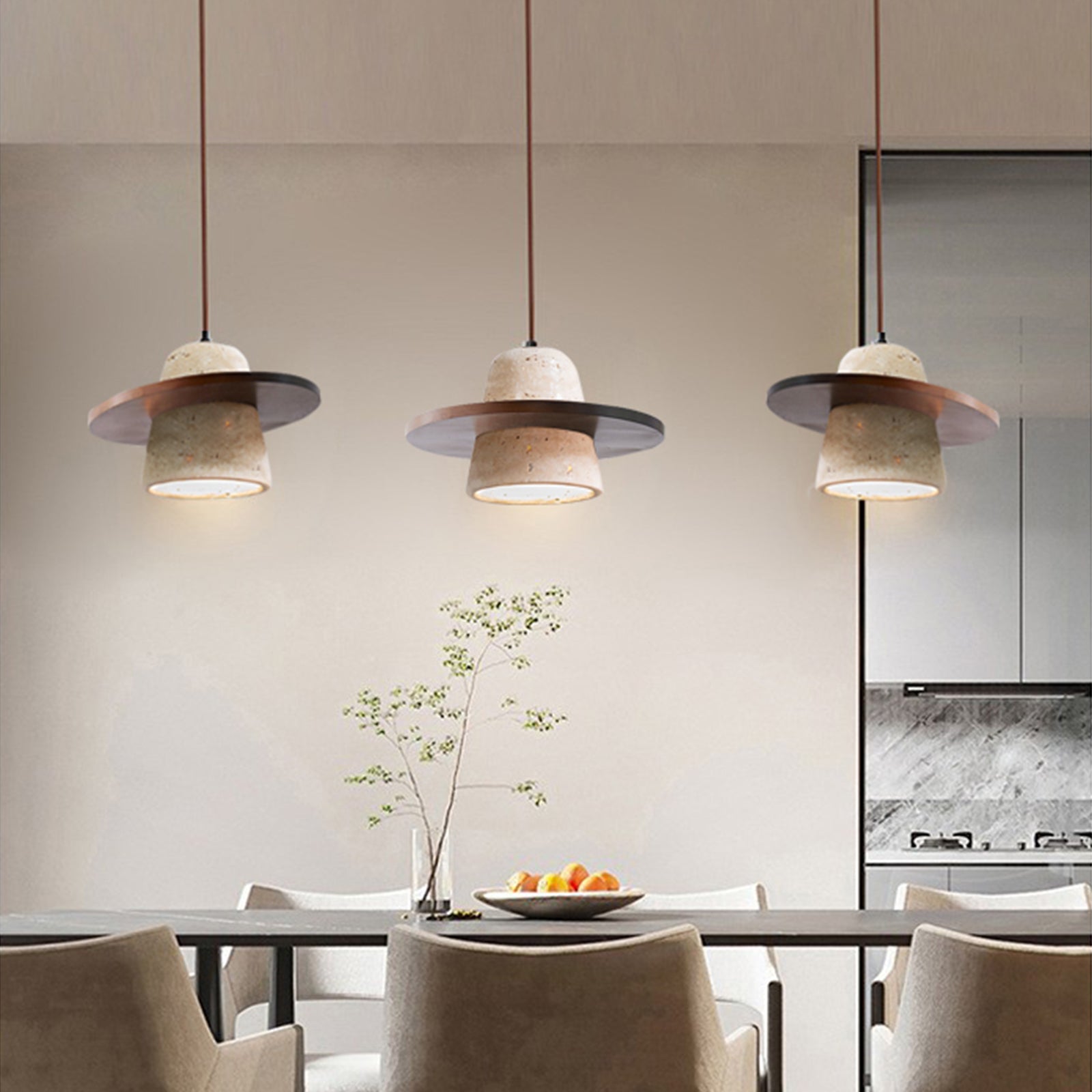 3 walnut brown travertine pendant lights in dining room