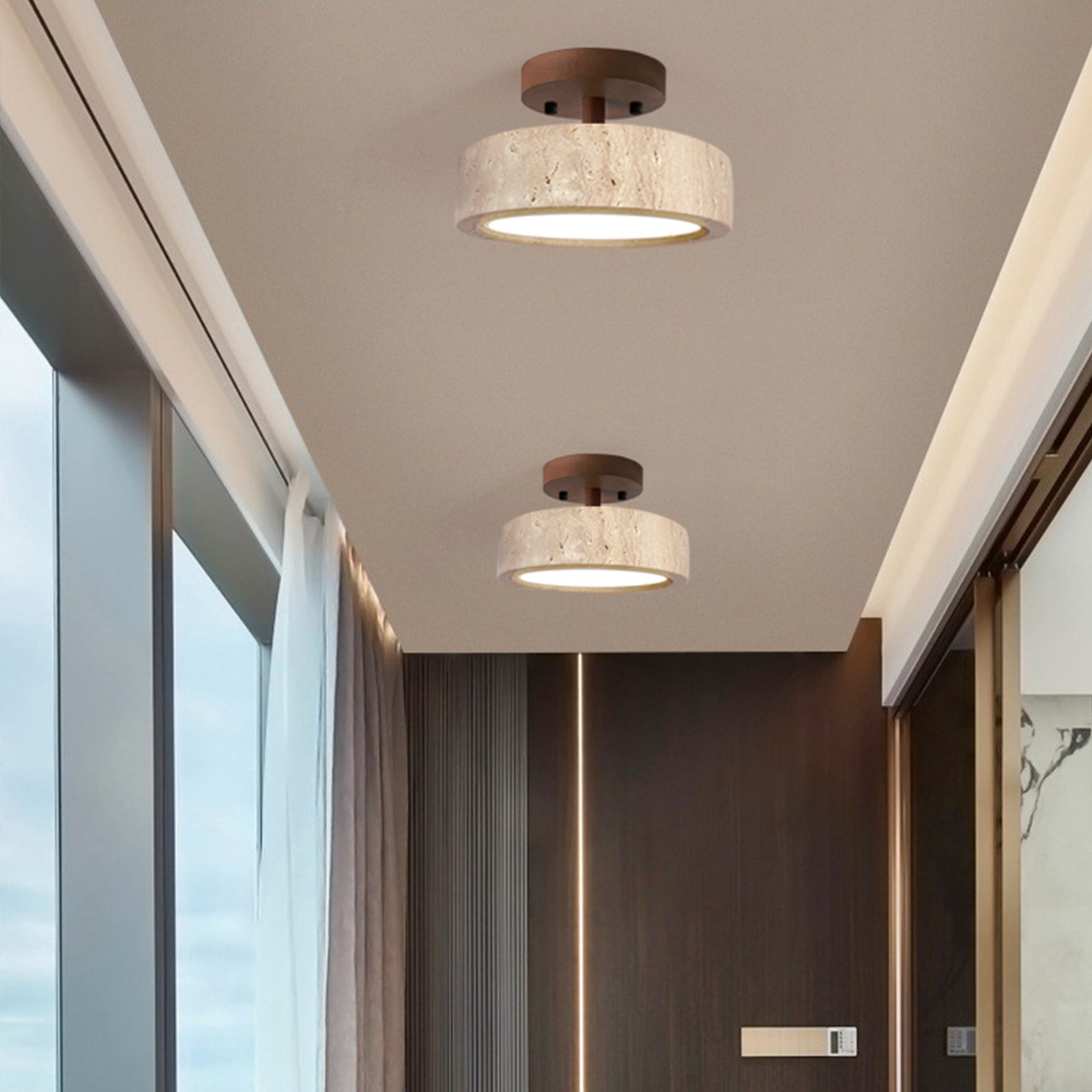 2 walnut wood travertine ceiling lights in modern hallway