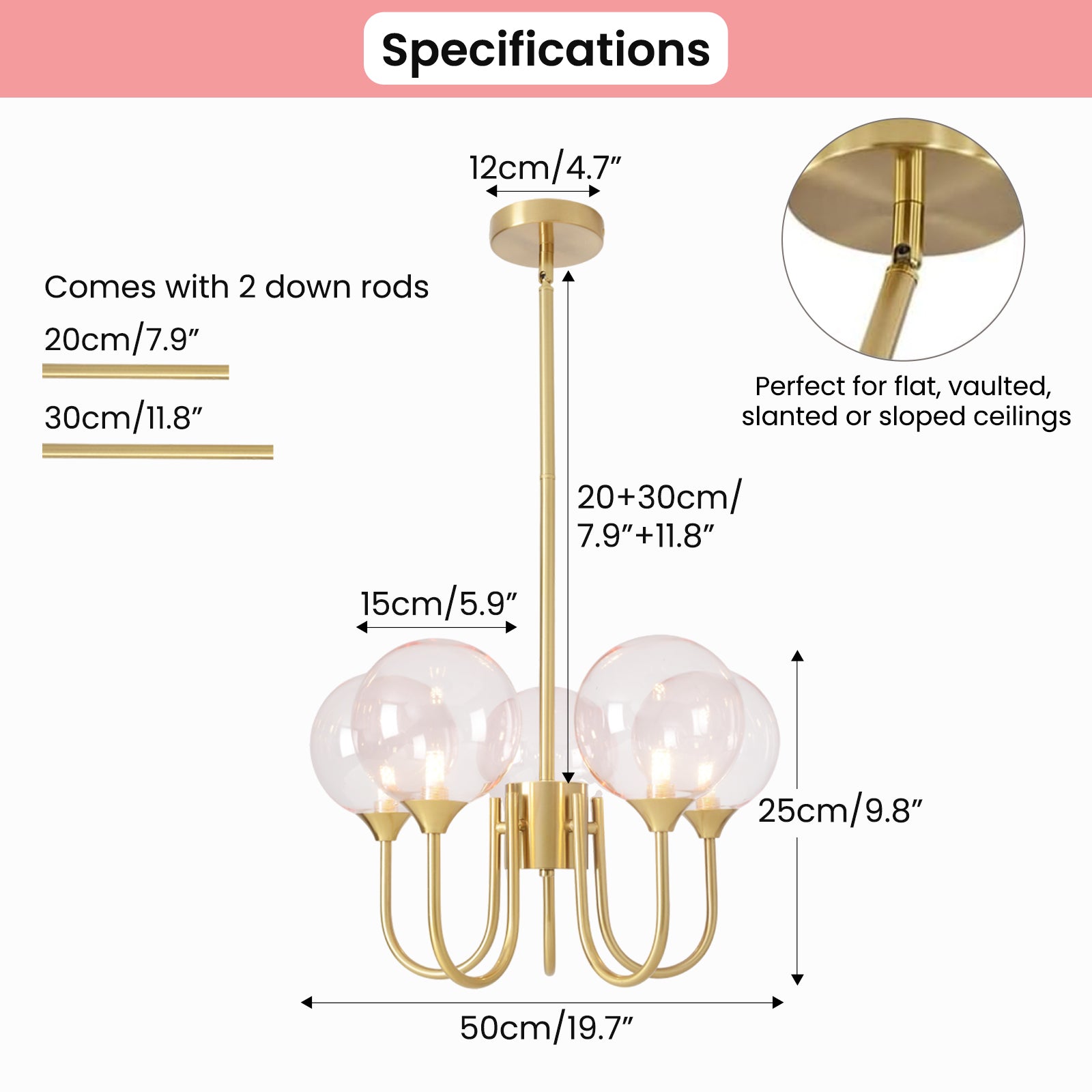 5 Head Pink Bubble Chandelier Size Specs