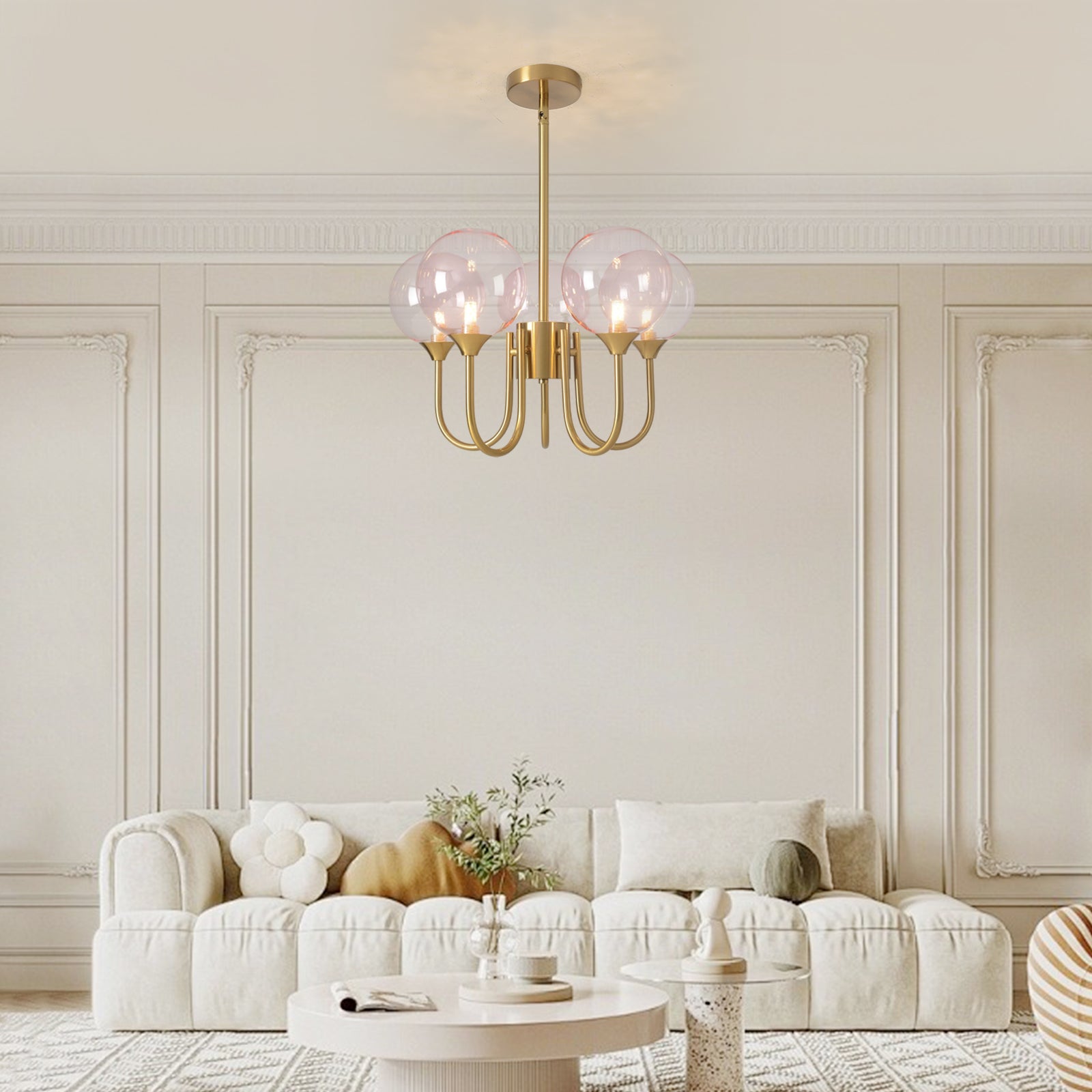 5 Head Gold Pink Bubble Chandelier in Living Room