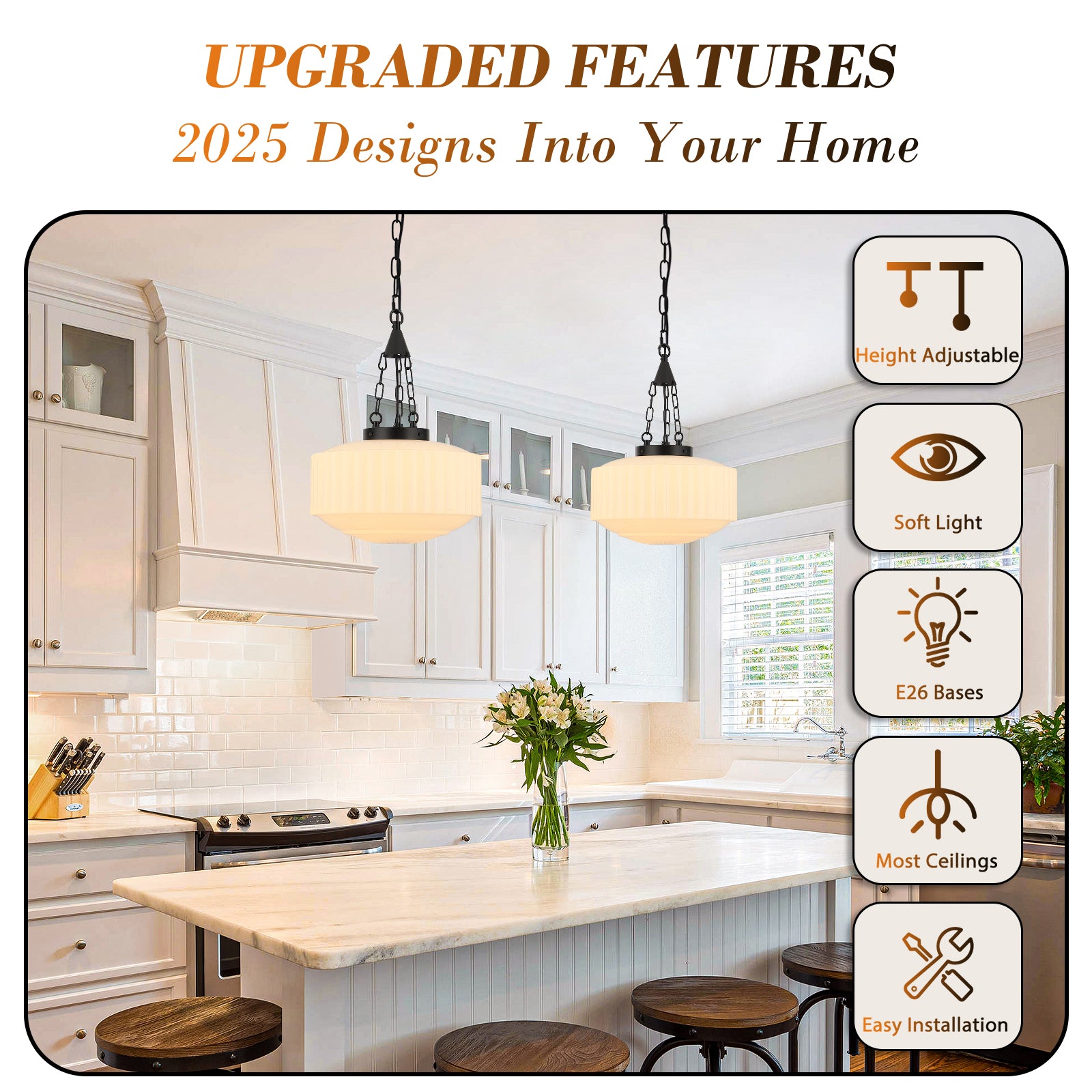 Matte black vintage schoolhouse pendant lights in kitchen