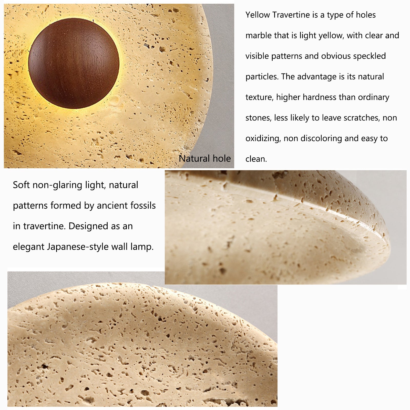 Close-up of travertine texture and wood detail on wall sconce
