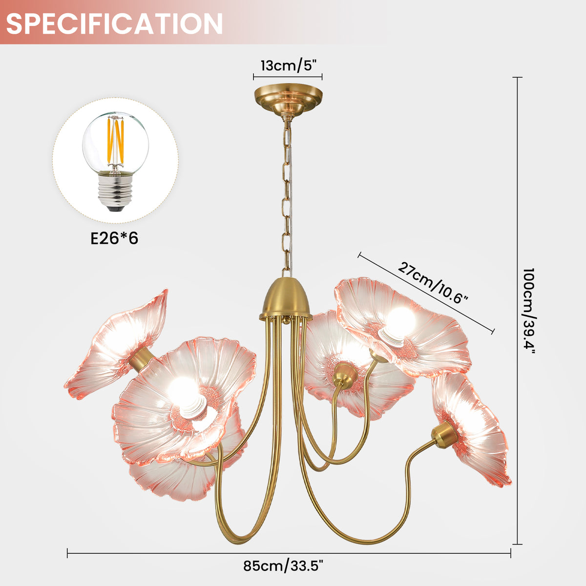 Large brass floral chandelier size & specs 