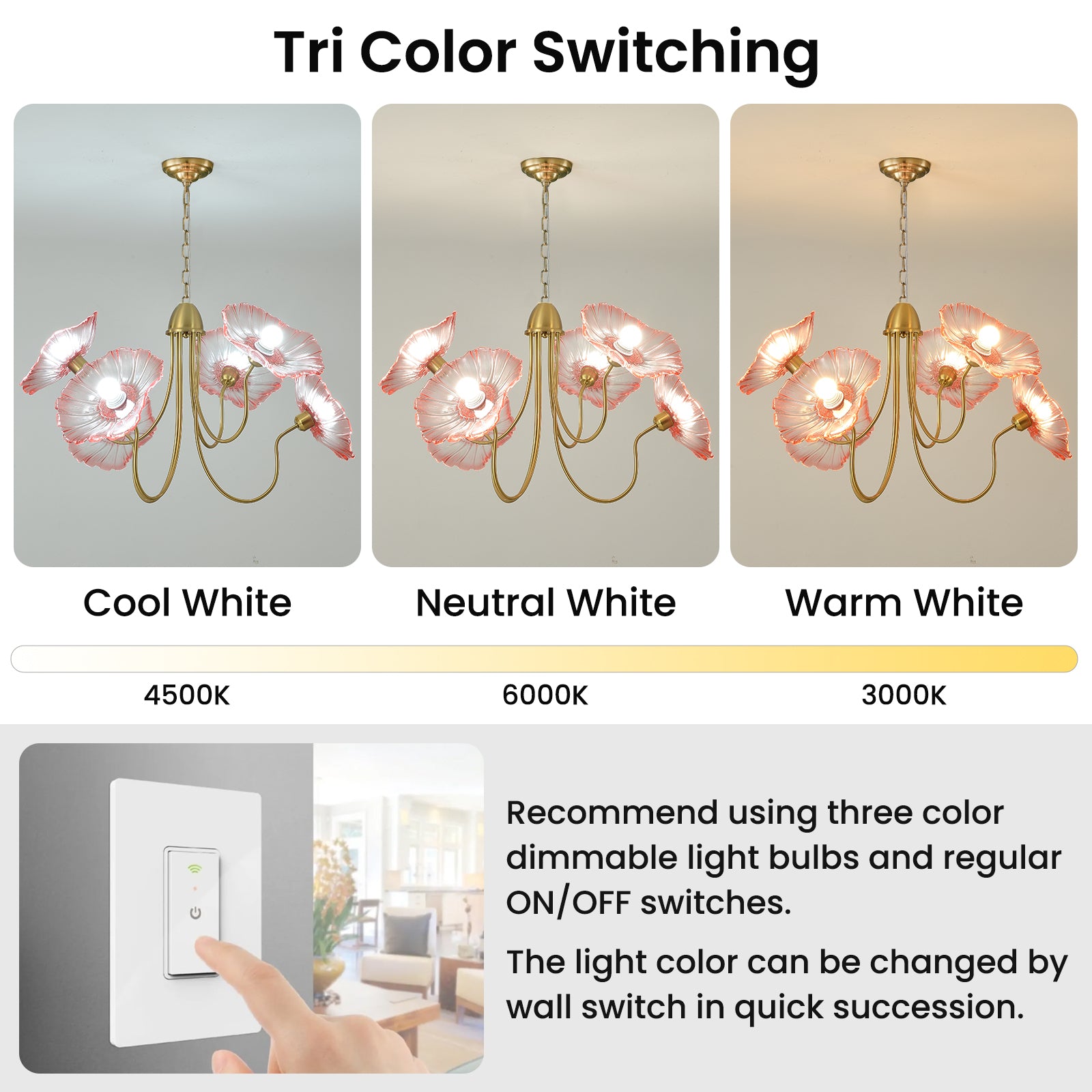 3-color dimmable floral glass chandelier