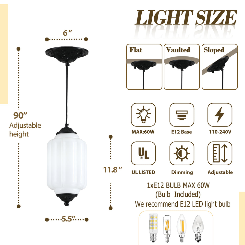 White glass pendant light specs: 11.8" shade, 90" adjustable cord, E12 base