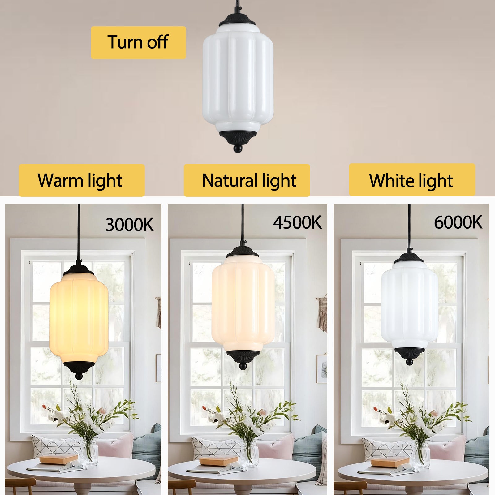 3 color temperature options for white glass pendant light: 3000K/4500K/6000K