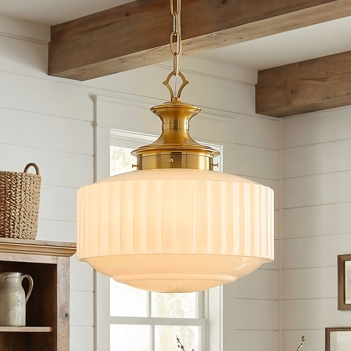 Close-up of vintage schoolhouse pendant light 