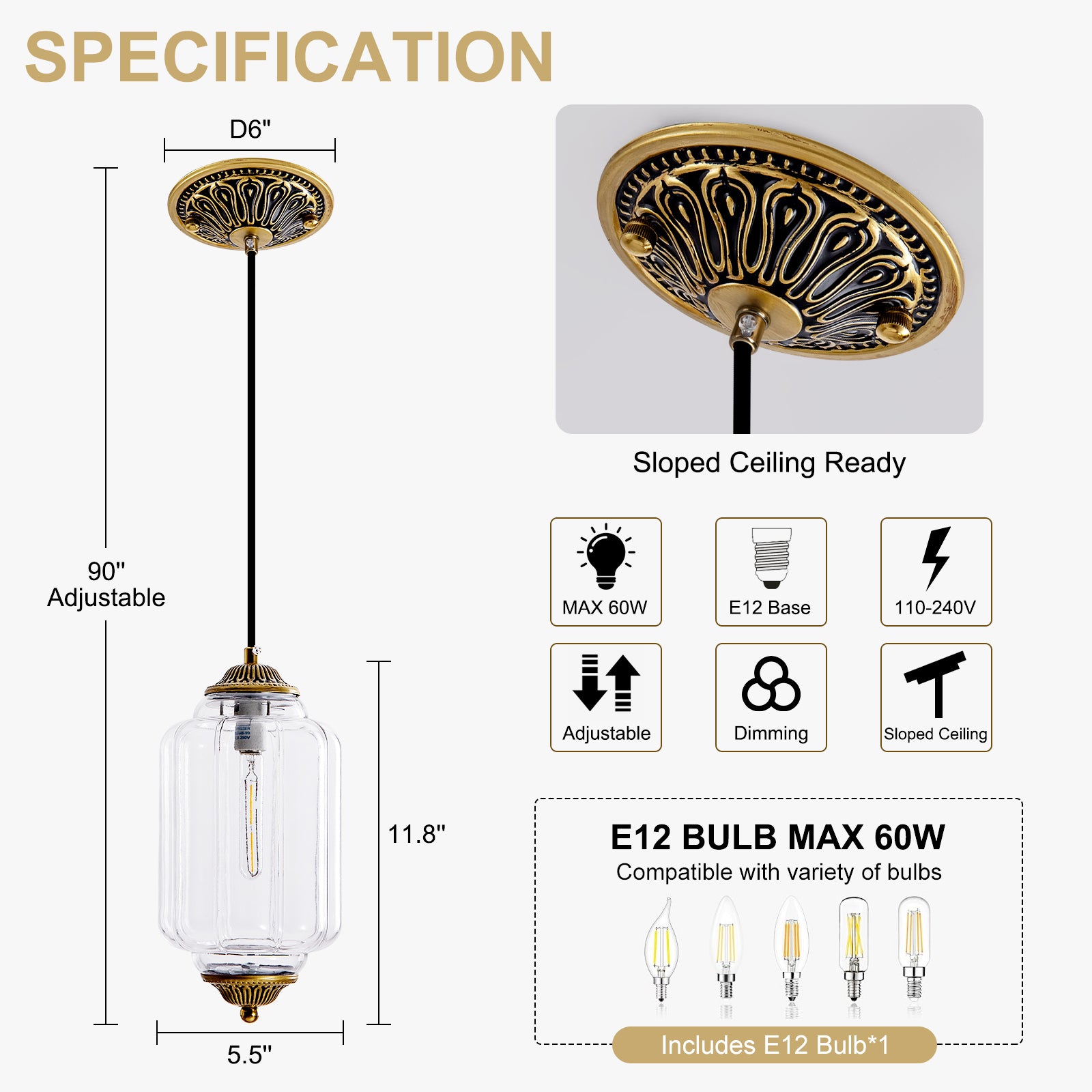 Specification dimension chart max 90 inch total adjustable height clear glass pendant light E12 socket bulb not included