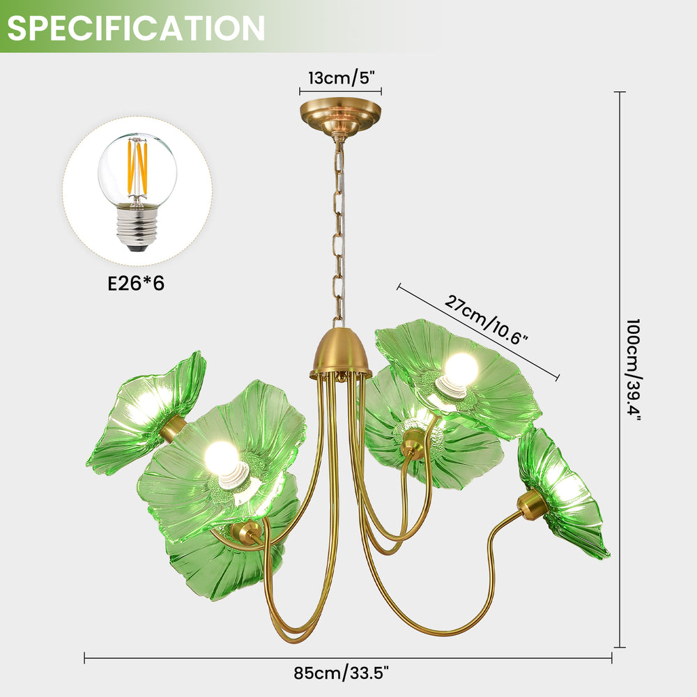 Green floral glass chandelier size & specs