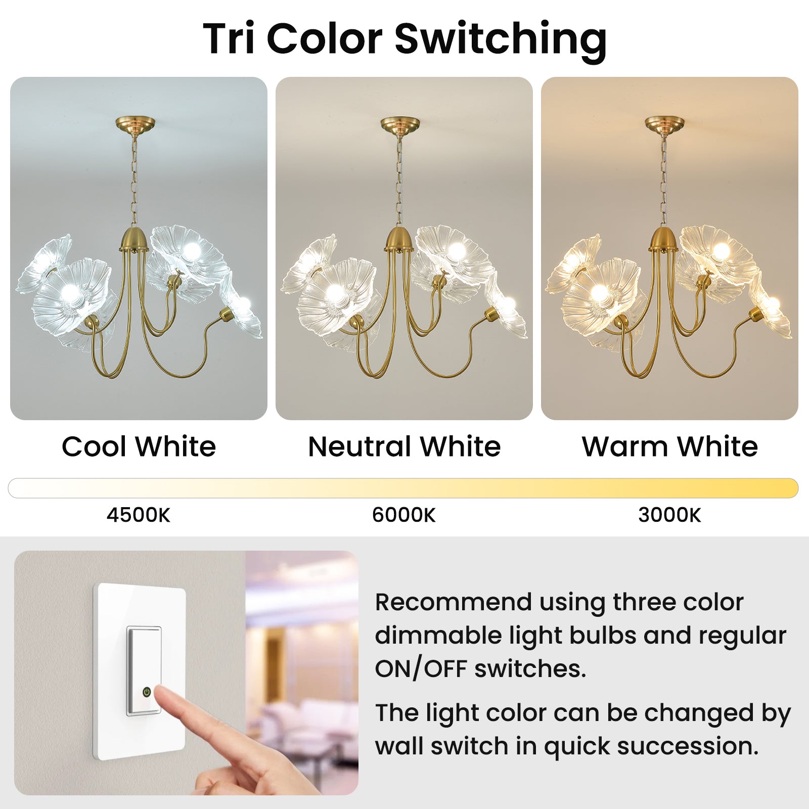 3-color dimmable floral brass chandelier