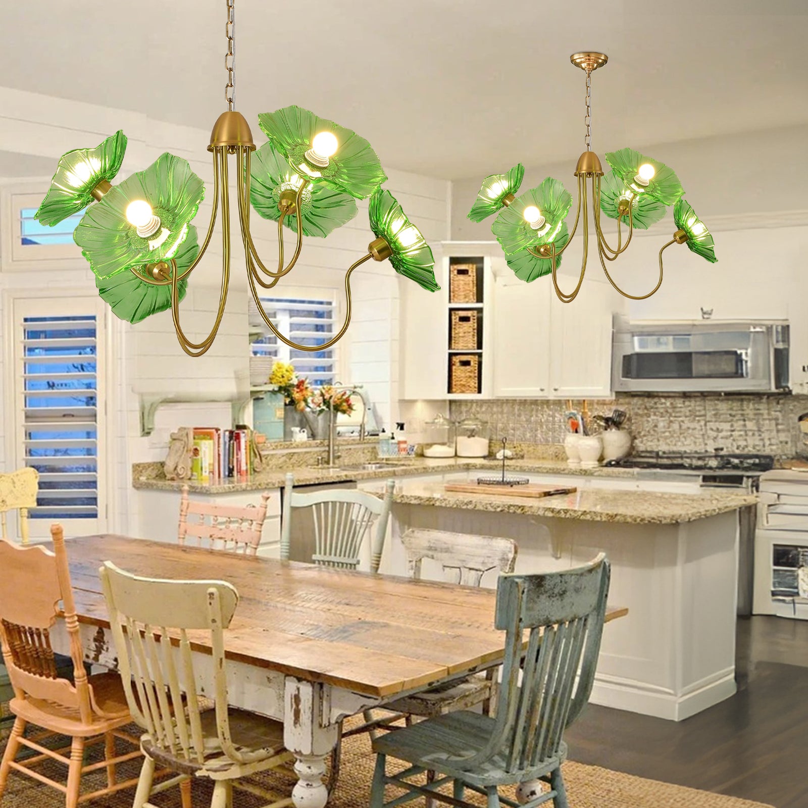 2-pack large floral chandeliers in kitchen