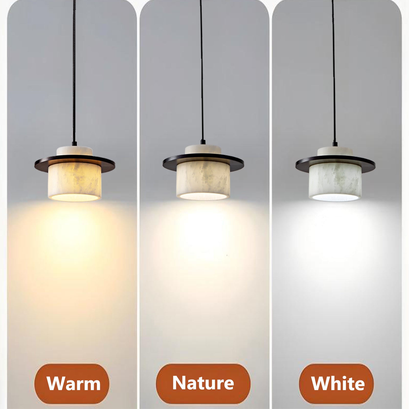 3-color dimmable Wabi Sabi marble pendant light: warm, nature and white light options displayed side by side
